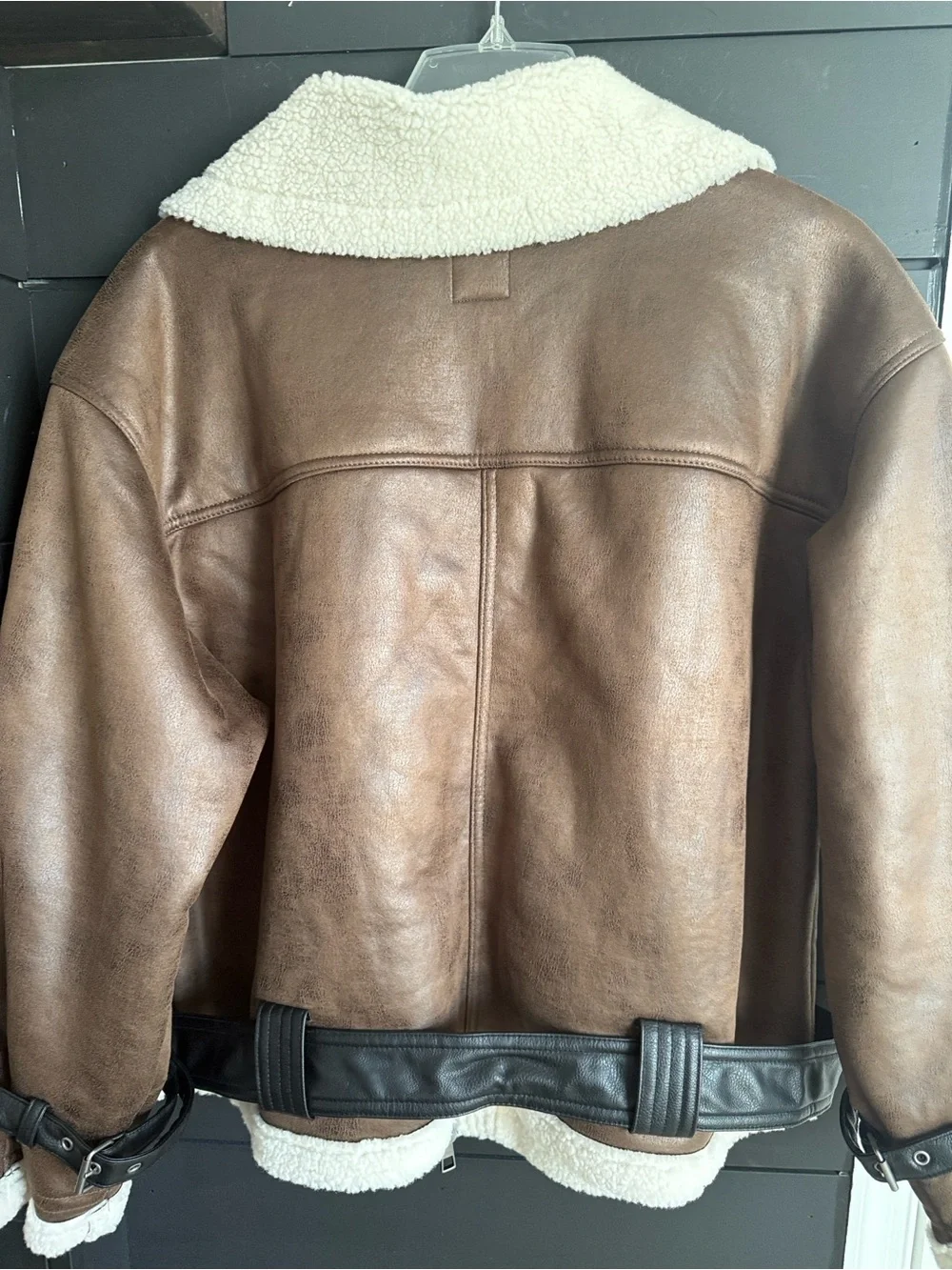 wild fable Brown Faux-Leather Bomber Jacket with Sherpa Collar XXL